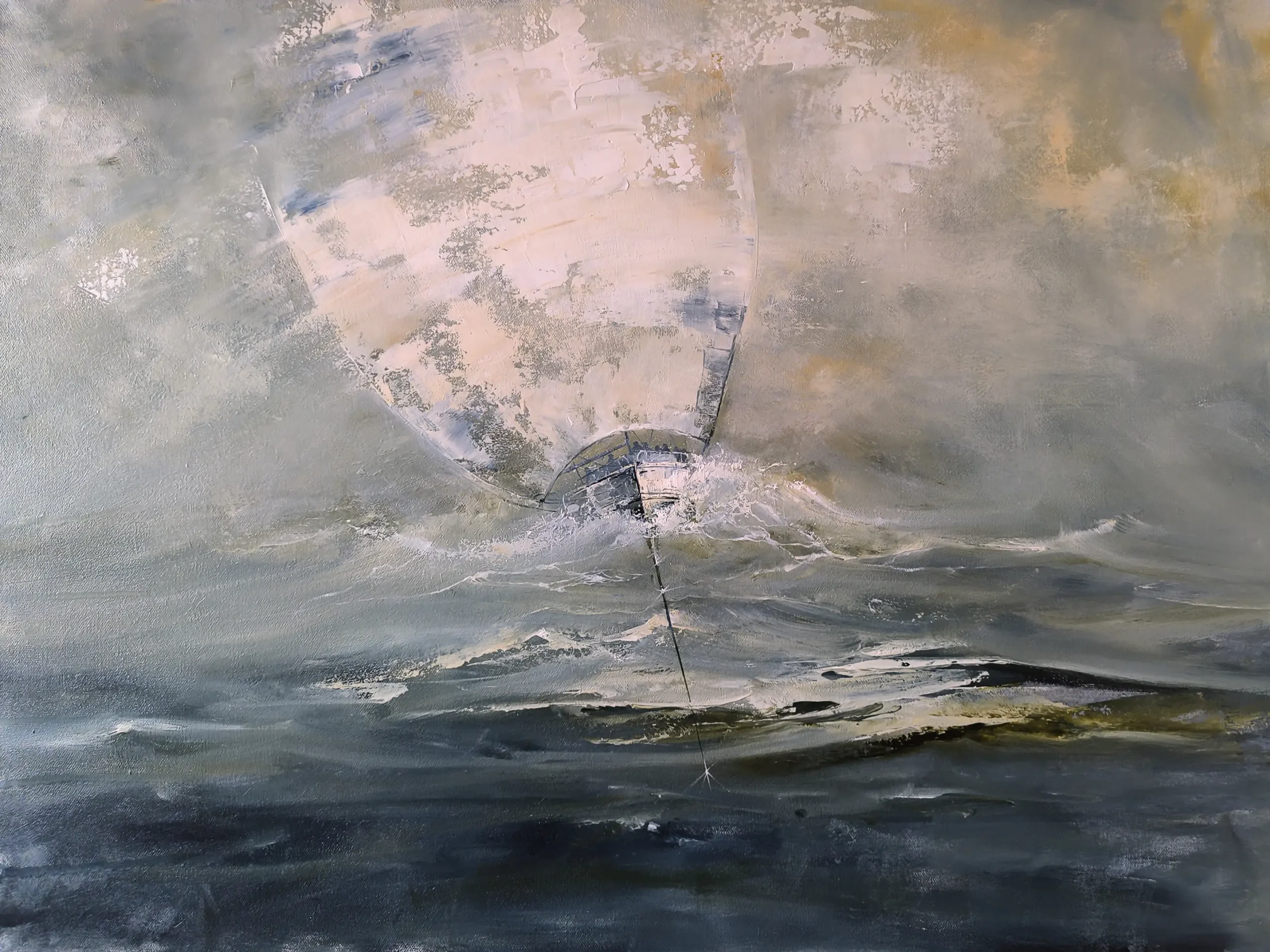 Contemporary seascape painting with a yacht and angel wing motiff