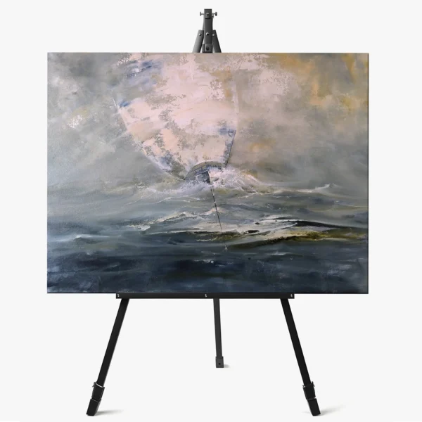 Šiuolaikinis jūrinės tematikos paveikslas su jachta ir angelo sparno motyvu