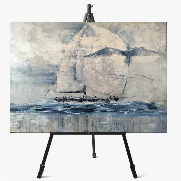 • LT: Marinistinis paveikslas su burlaiviu ir žuvėdra jūroje • EN: Marine painting with a sailing yacht and a seagull