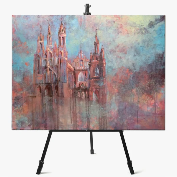 Šviesus pastelinių spalvų paveikslas „Labas rytas, Ona“, vaizduojantis Šv. Onos bažnyčią ryte, 60x80 cm drobė.