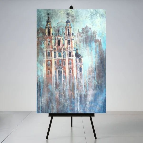 LT: Paveikslas ant molberto Kotrynos bažnyčia Dainuok Kotryna dainuok tekstūrinė tapyba EN: Vilnius St Catherines Church painting mixed media architecture art