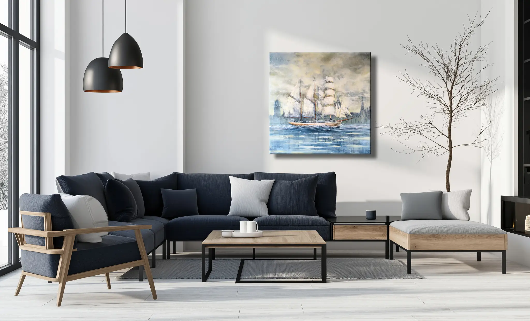 Paveikslas su burlaiviu „Meridianas“ šviesiame modernaus interjero kambaryje Painting of the Meridianas sailing ship displayed in a bright modern interior