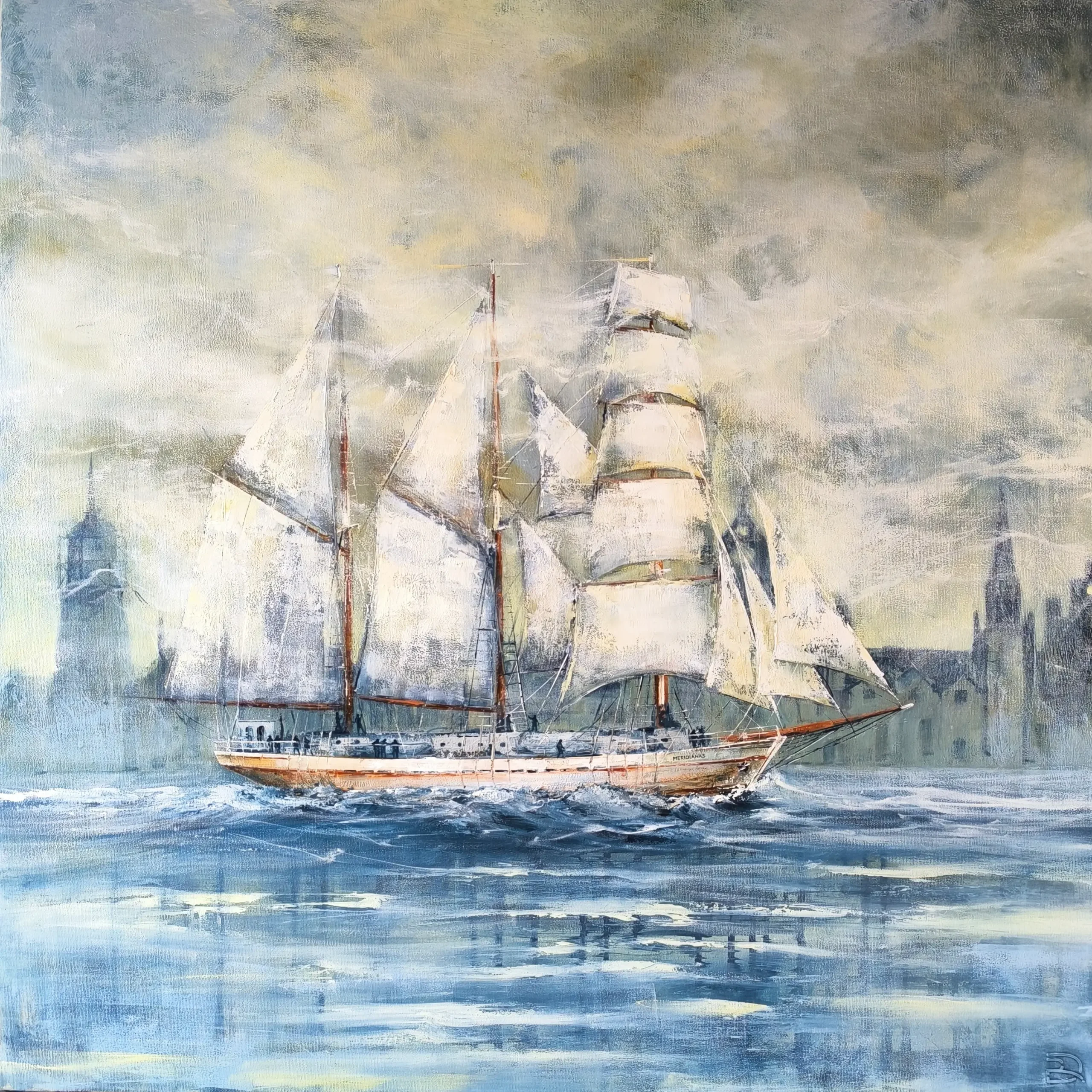 Paveikslas „Uosto legendos“ su burlaiviu „Meridianas“ ir senosios Klaipėdos siluetais Original painting “Legends of the Port” featuring the Meridianas sailing ship and historic Klaipėda