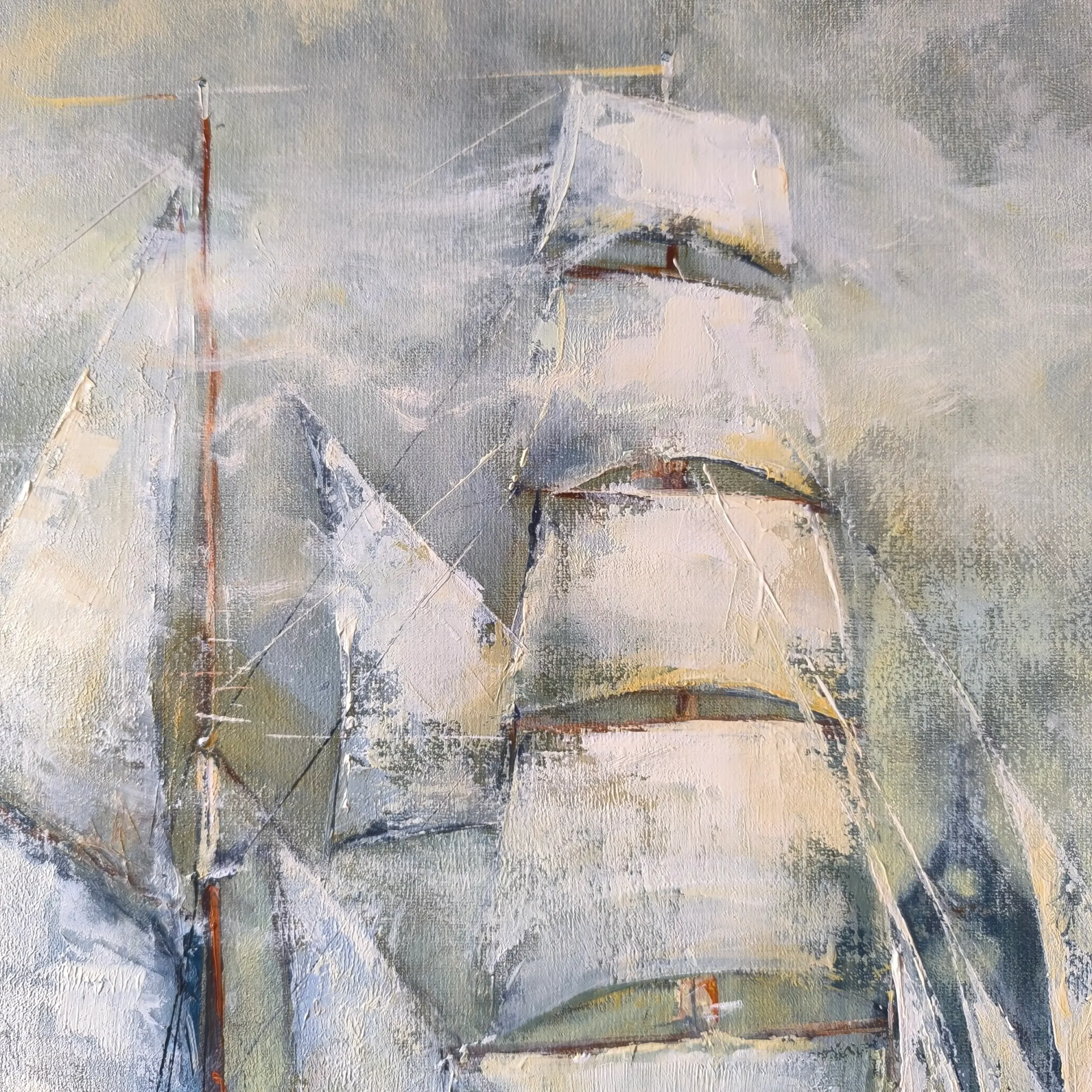 Paveikslo „Uosto legendos“ detalė – baltos burlaivio „Meridianas“ burės ir tapybos faktūra Detail of “Legends of the Port” showing the white sails of Meridianas and textured brushwork