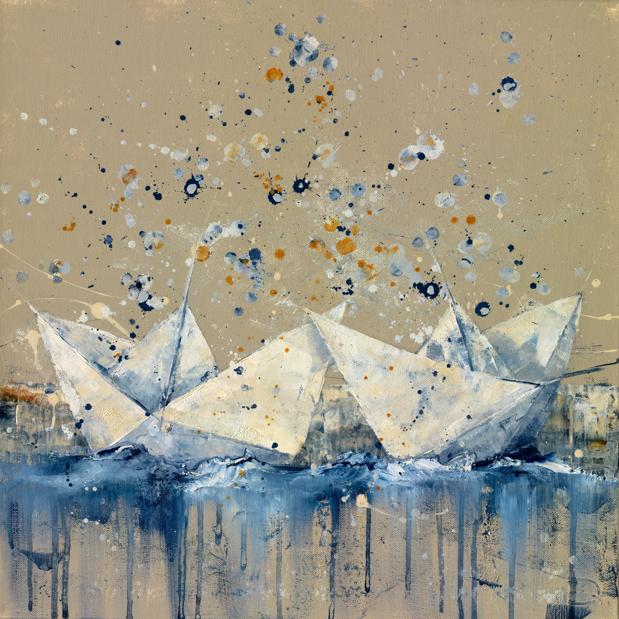 „Kelionė kartu“ giclée reprodukcija su baltais popieriniais laiveliais