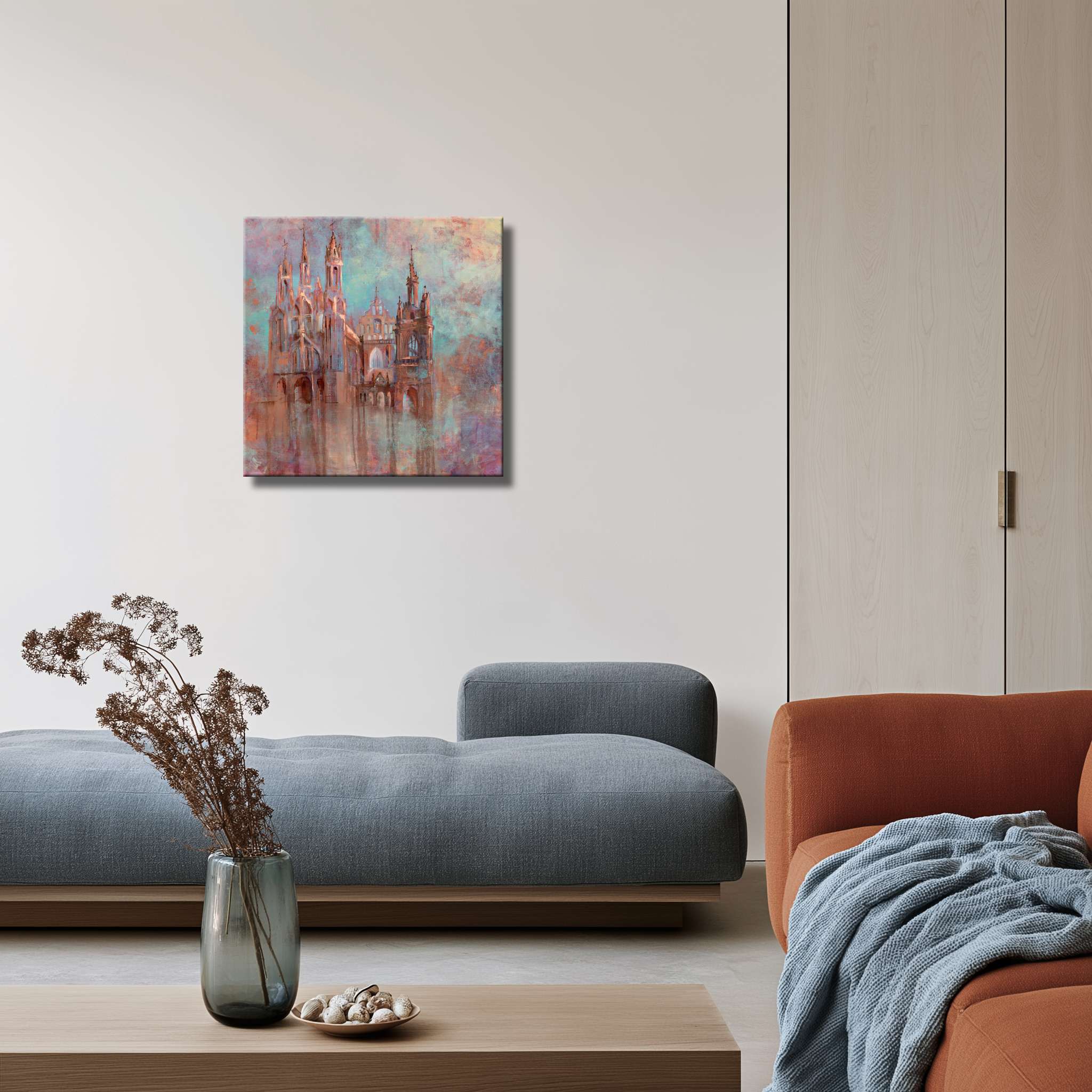 Giclée reprodukcija su Vilniaus Šv. Onos bažnyčios motyvu svetainės interjere