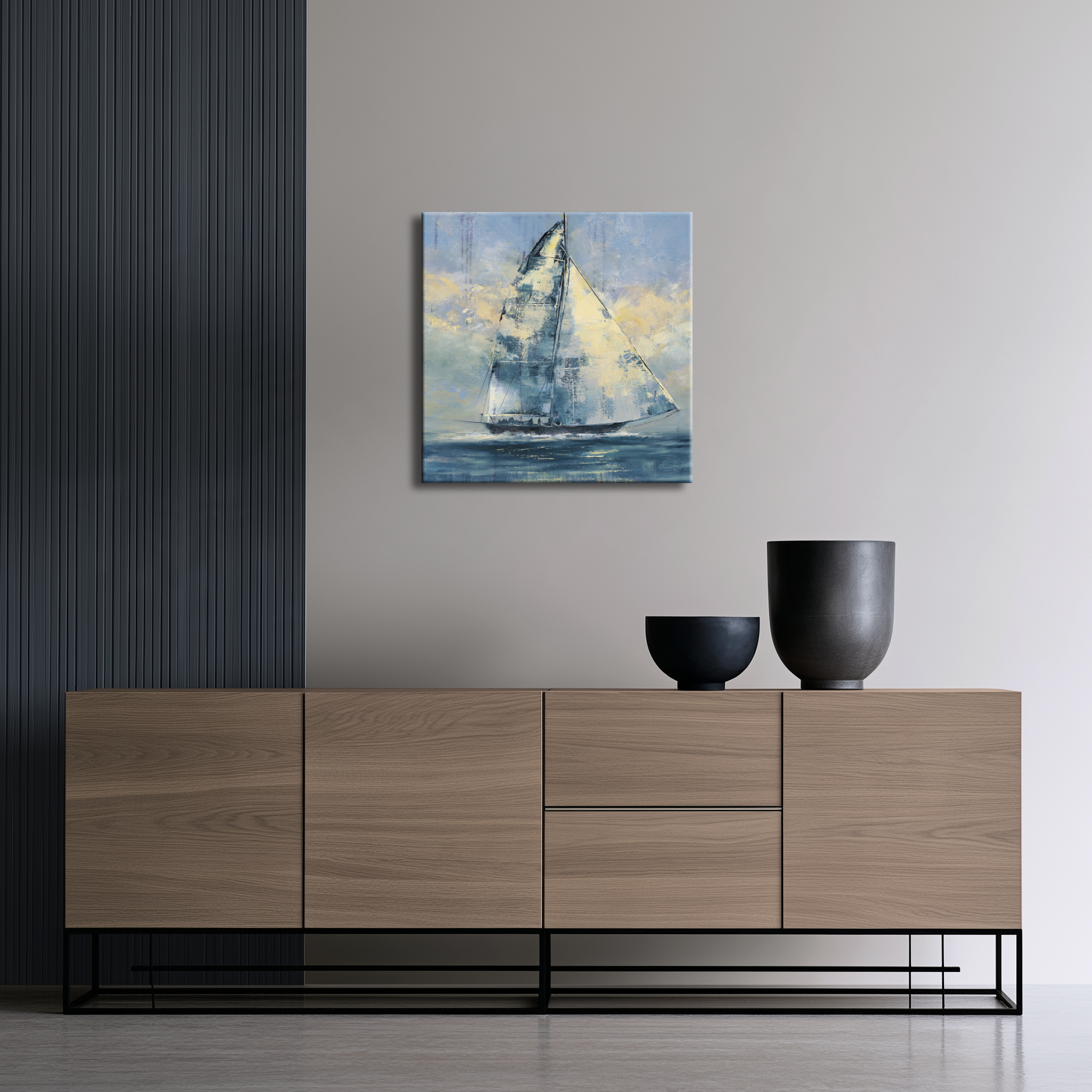 „Su pirmaisiais saulės spinduliais“ giclée reprodukcija ant drobės šiuolaikiniame interjere